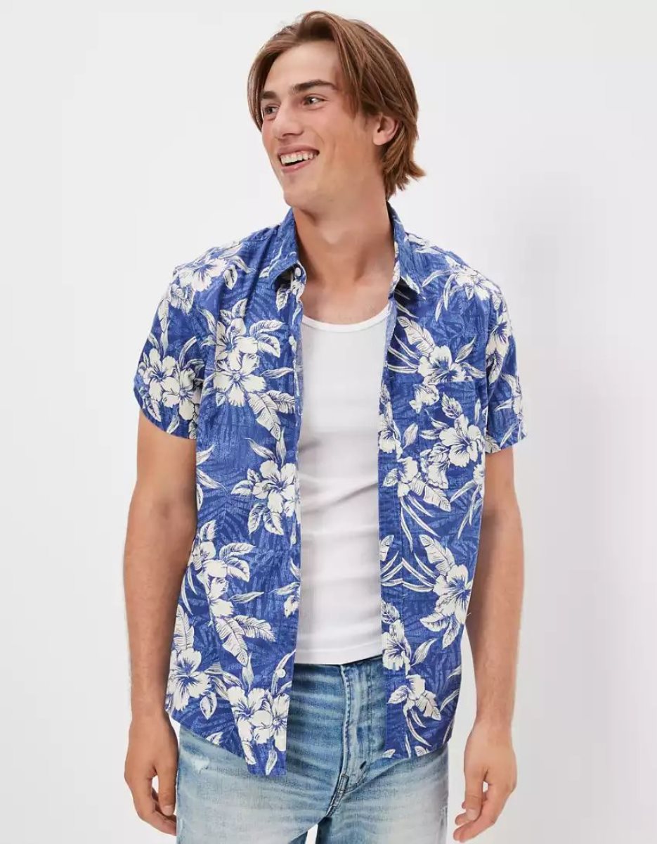 Hauts Flanelle American Eagle AE Tropical Button-Up Resort Shirt Bleu Homme | DOJ-02974093